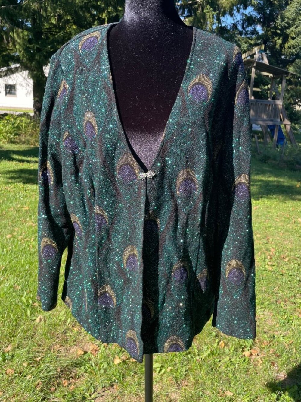 Vintage 80s Cardigan Peacock Glitter Glam Plus Size 16 Maximalist Holiday Artist